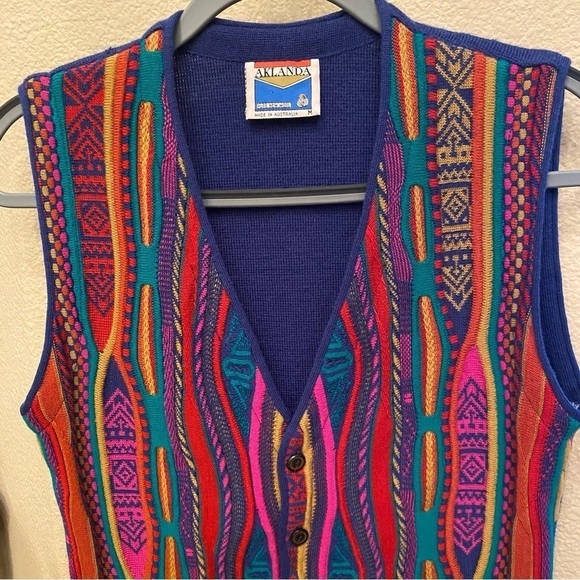 Vintage AKLANDA Pure New Wool Multicolor Coogi Style Vest Size Medium-Unisex - Picture 2 of 8